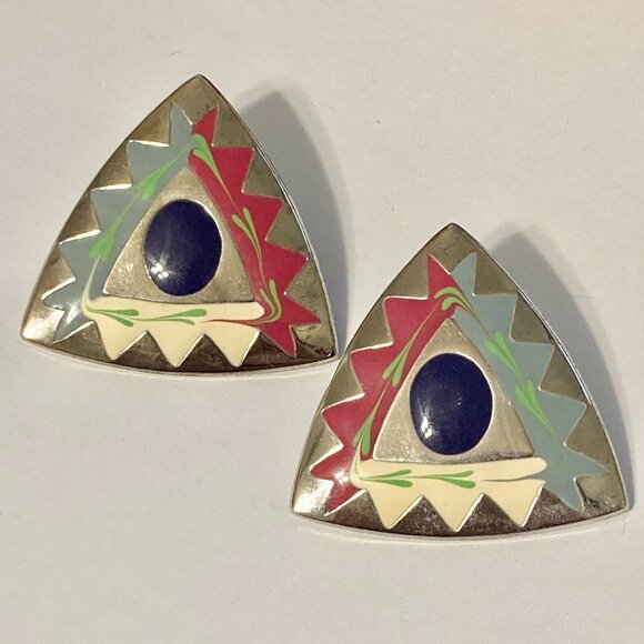 Vintage Southwestern Enamel Earrings Aqua Silver Tone Post Boho Western Triangle - Picture 3 of 11